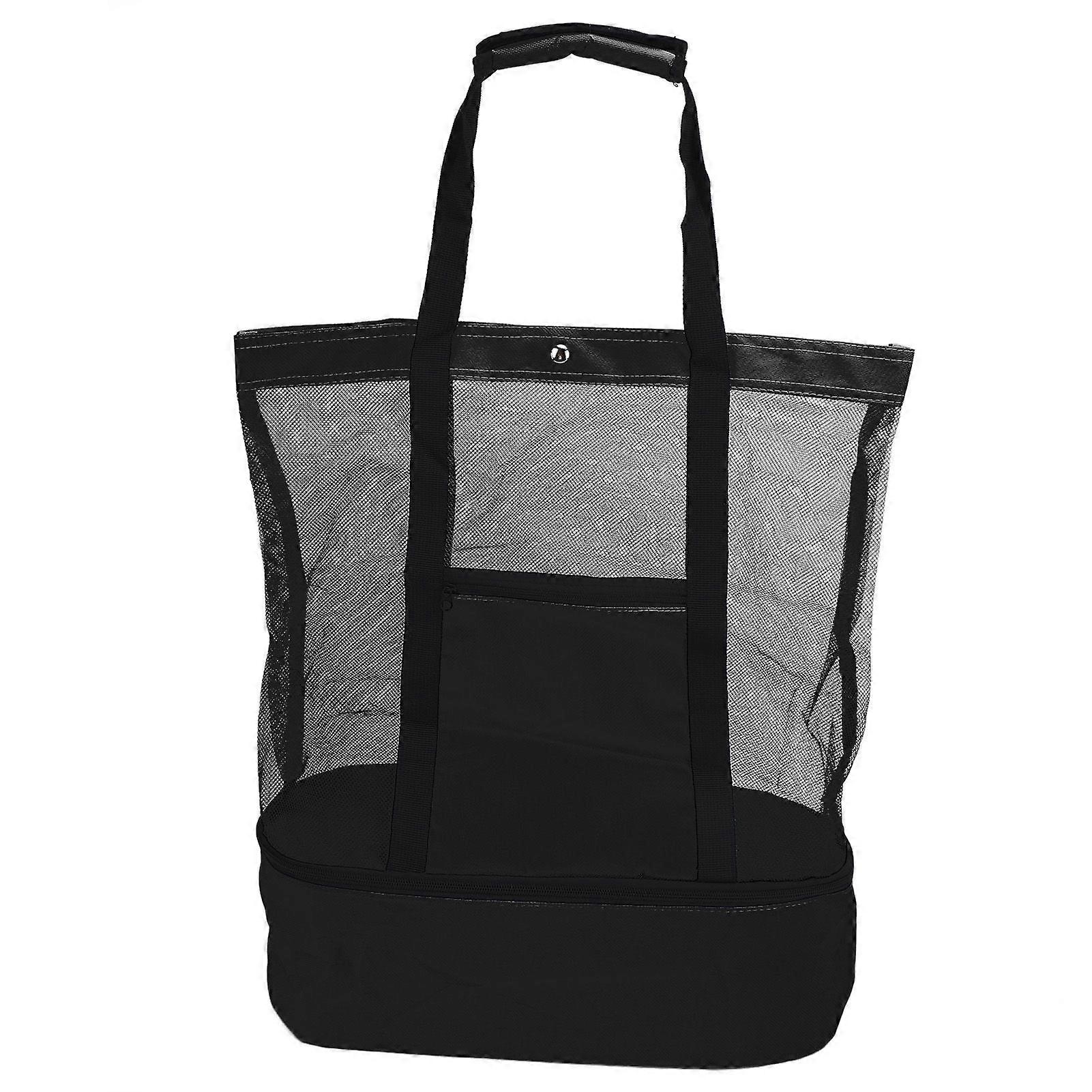 Insulated Beach Mesh Bag Large Capacity Beach Shoulder Bag with Detachable Cooler for Picnic Camping Travel Black YMHC