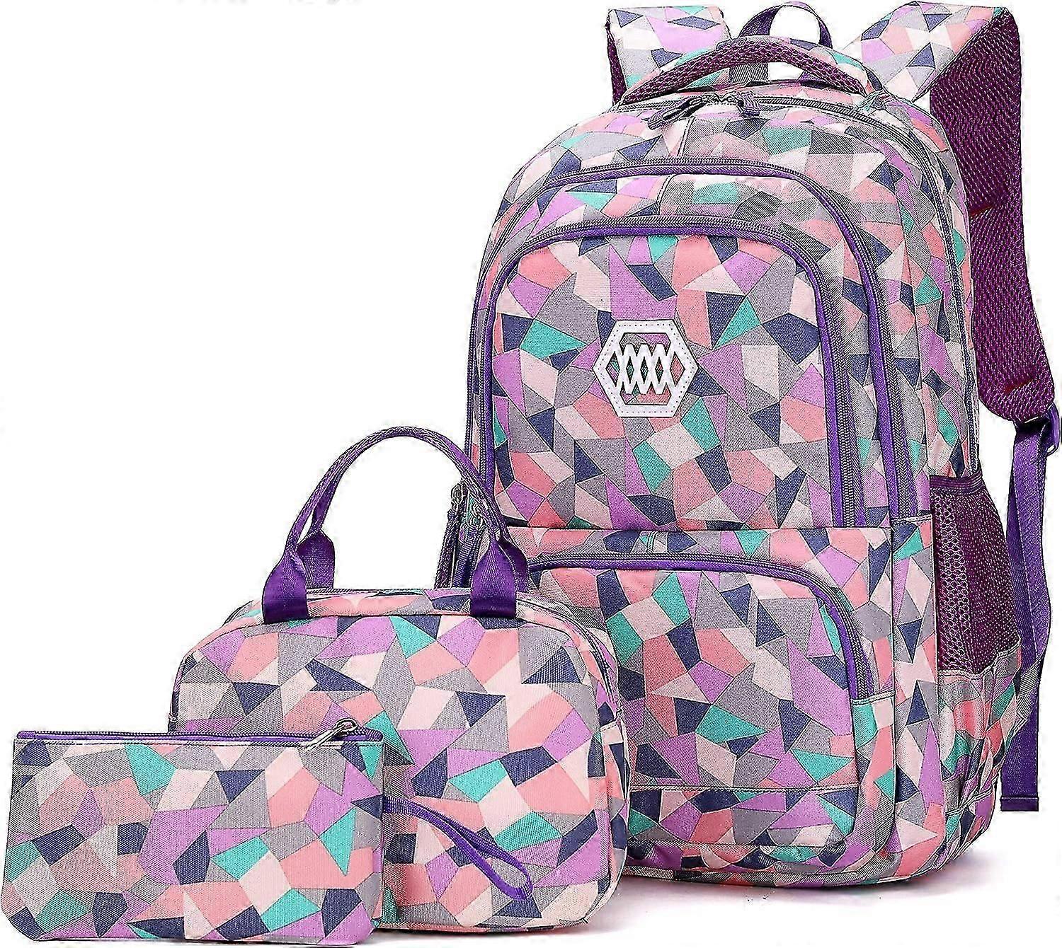 3-Piece Geometric Print School Backpack Set - Includes Lunch Bag & Pencil Case