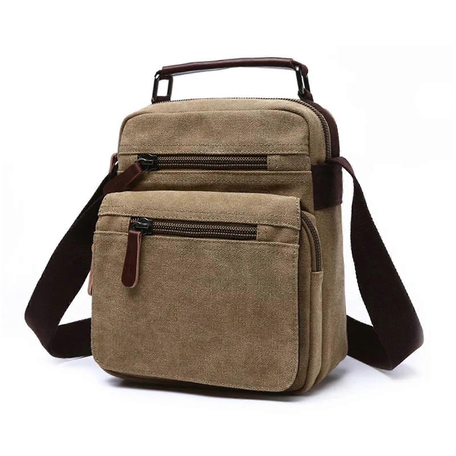 Small Square Canvas Messenger Bag Crossbody Unisex R(Khaki)