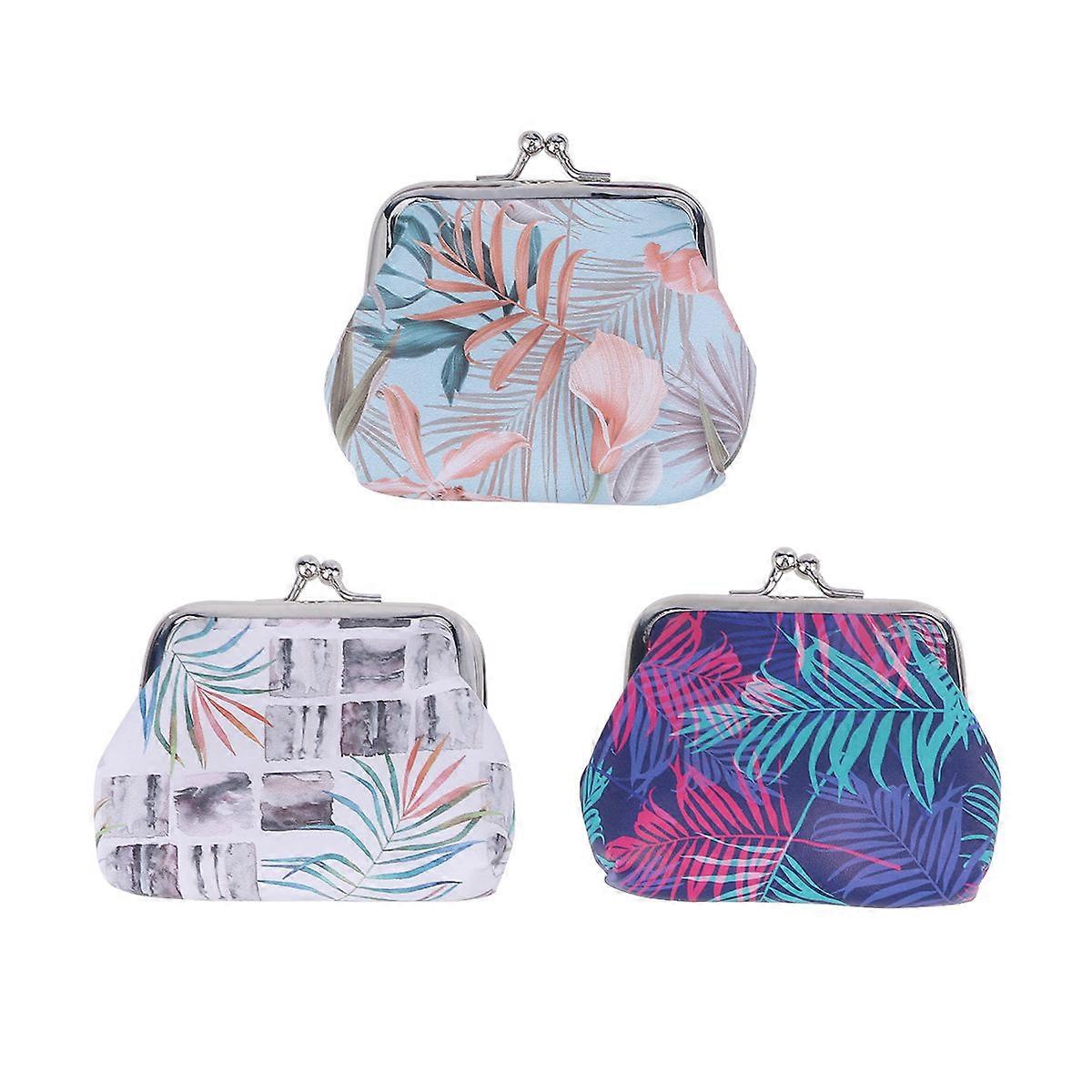 3Pcs Set Tropical Palm Leaf Design Mini Coin Purse Vintage Style Perfect For Kids Daily Use And Bus Travel