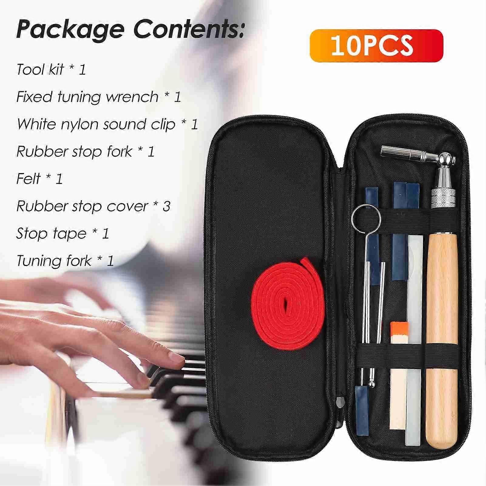 10pcs Piano Tuning Kit Professional Tuning Tools Set Tuning Wrench Long Handle Tuning Wrench Rubber Mutes Temperament Felt Strip Fork for Piano Tuner