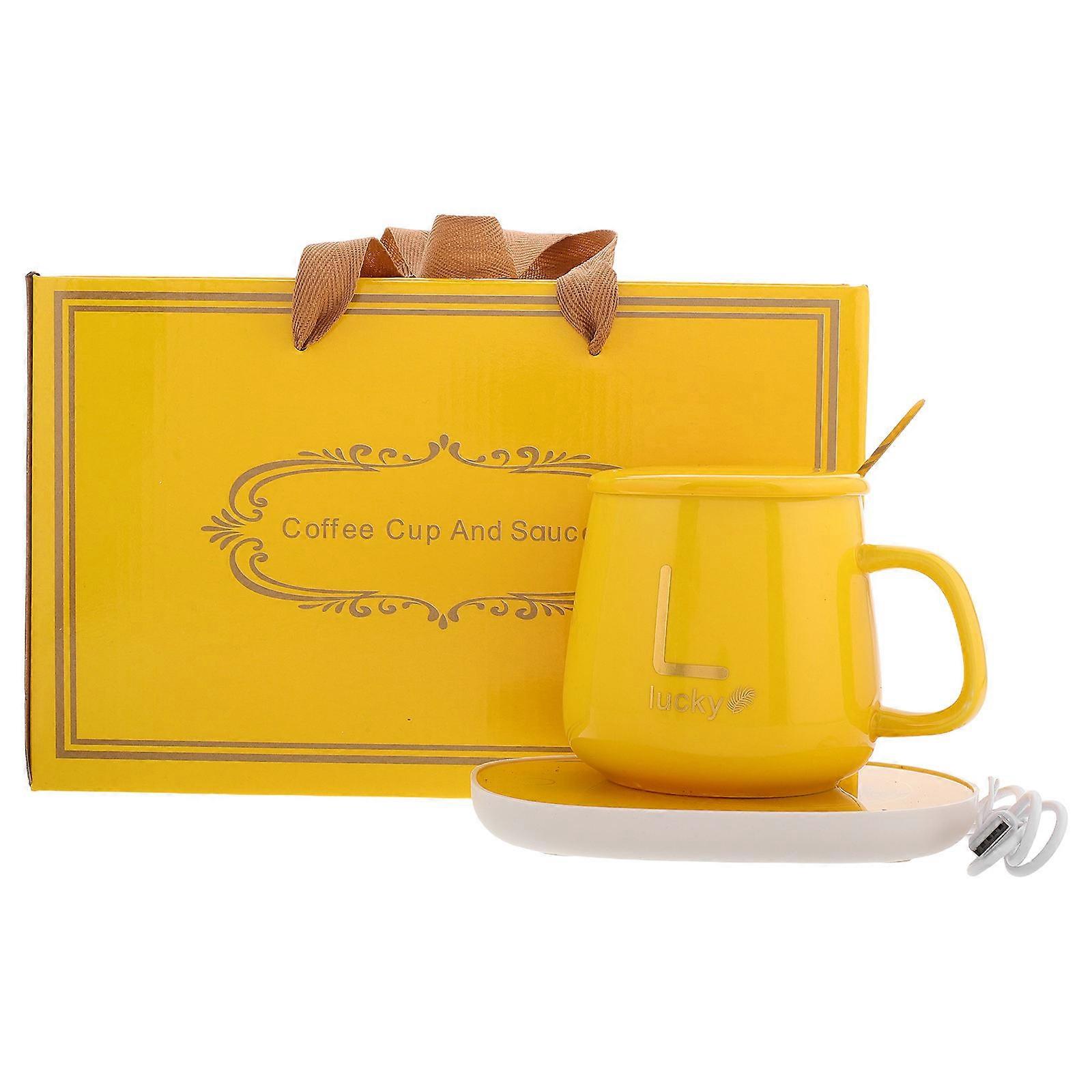 Mug And Warmer Set Constant Temperature Coffee Mug Warmer Ceramic Cup Set Desk Use Yellow 15.00X11.00X10.50cm Temperature Control 1 Set