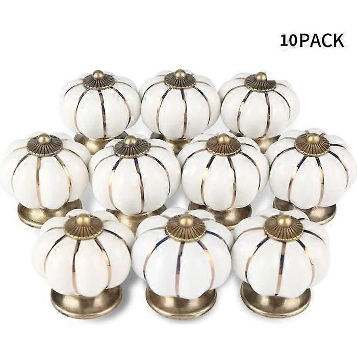 Set of 10 Vintage Beige Pumpkin Shape Ceramic Furniture Drawer Knobs