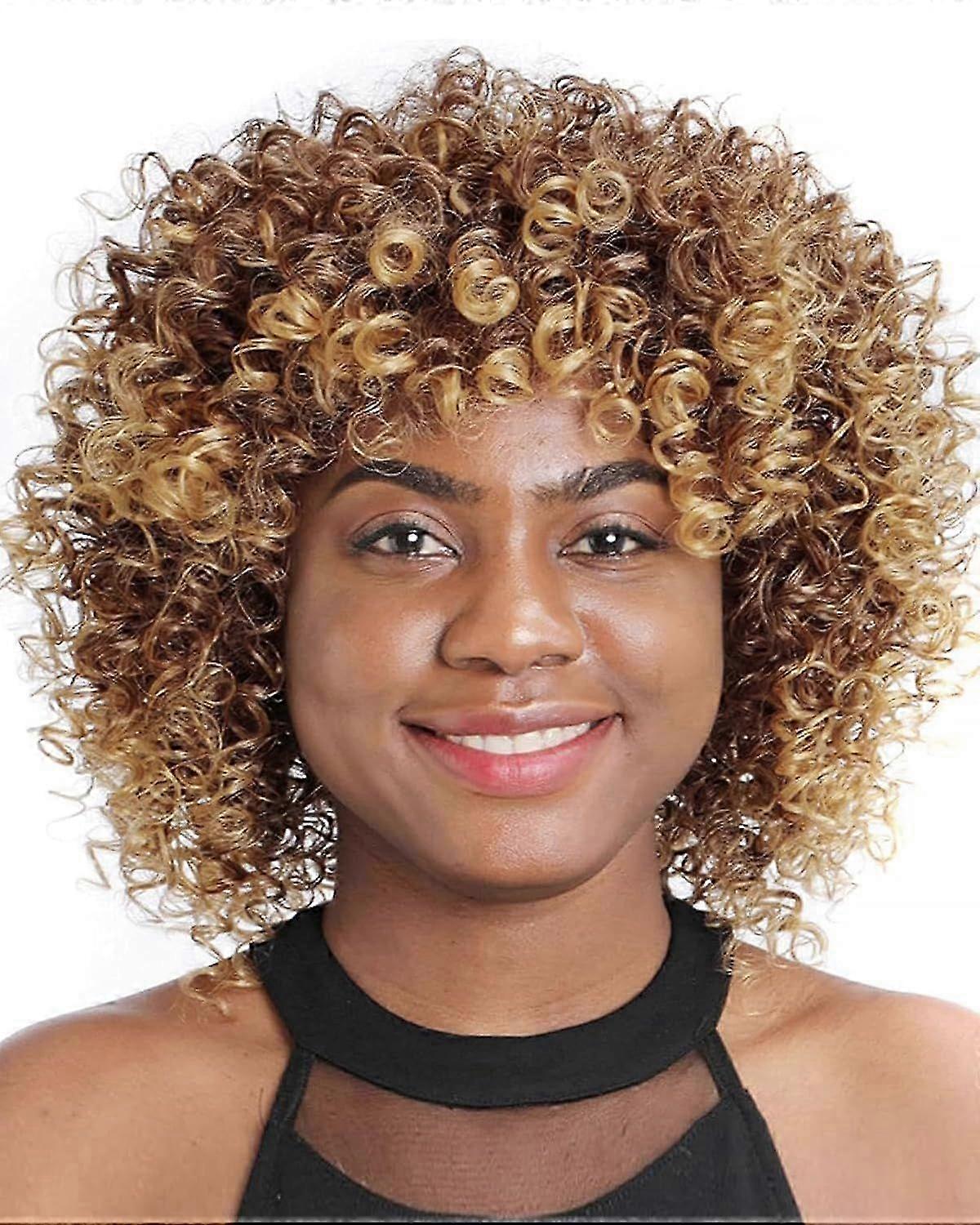 Short Curly Wigs for Women Ombre Blonde Wig with Bangs Afro Curly Wig Bouncy