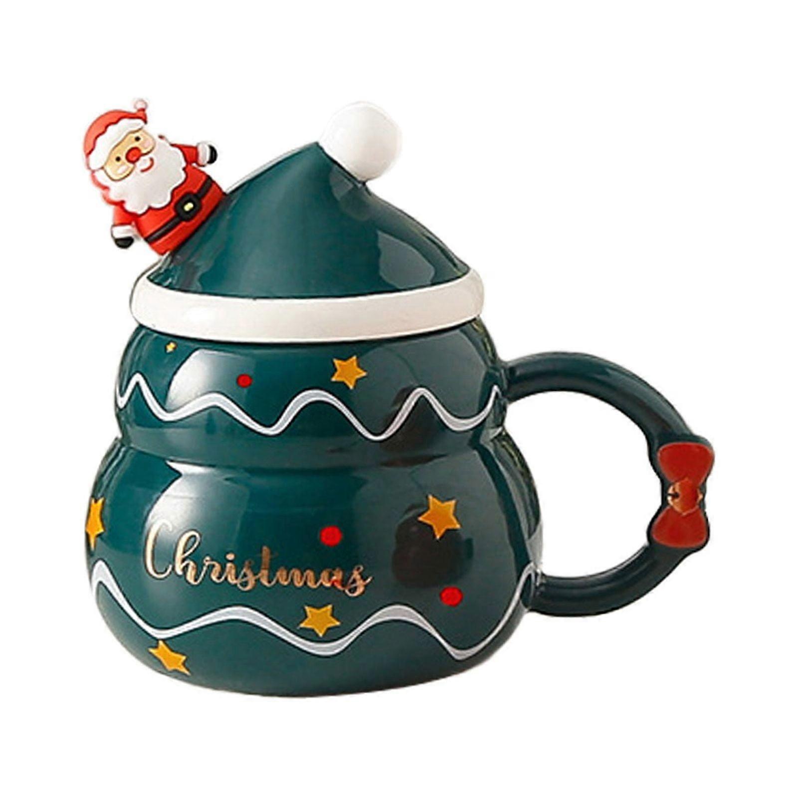 Christmas Santa Snowman Tree Ceramic Cup with Lid & Spoon, Large Capacity Mug, Compatible with Cartoon Santa Design Stack Coffee Cups