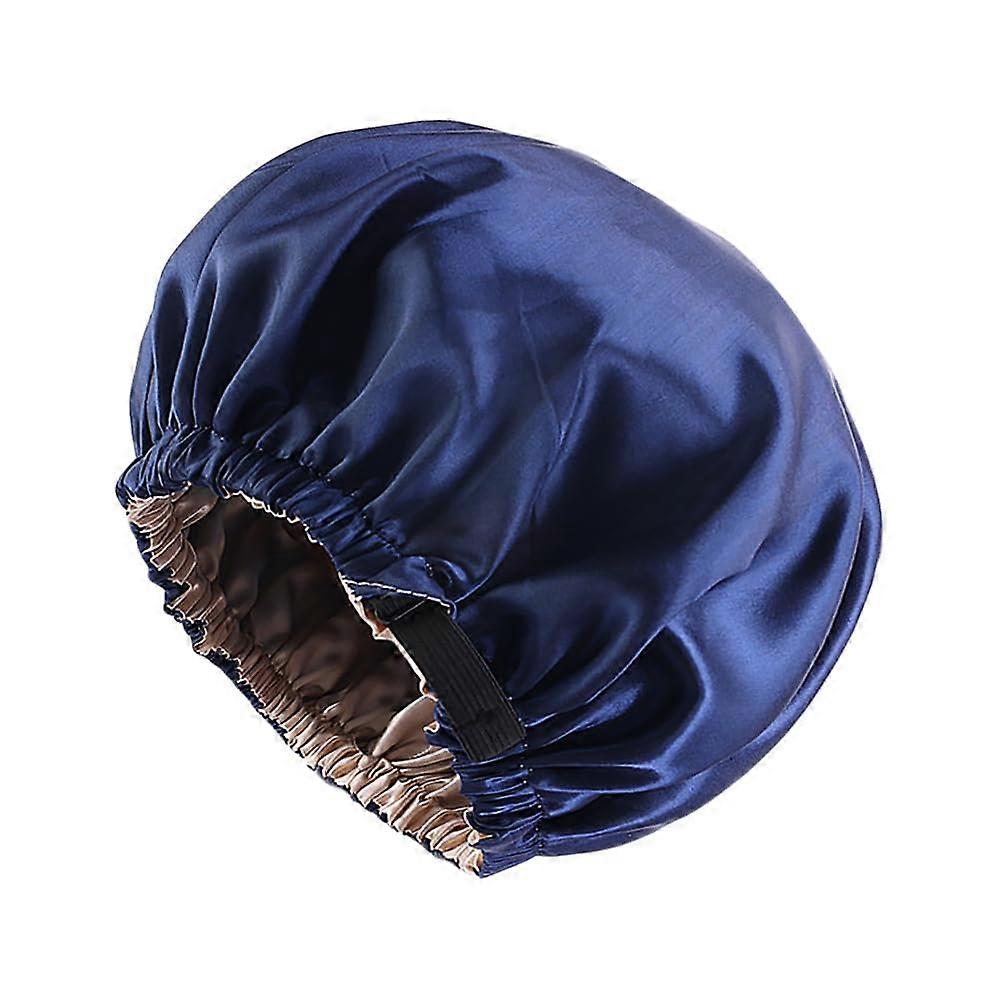 Satin Sleep Cap Large Lined Shower Cap Double Layer Hair Bonnet Elastic Band Navy Blue