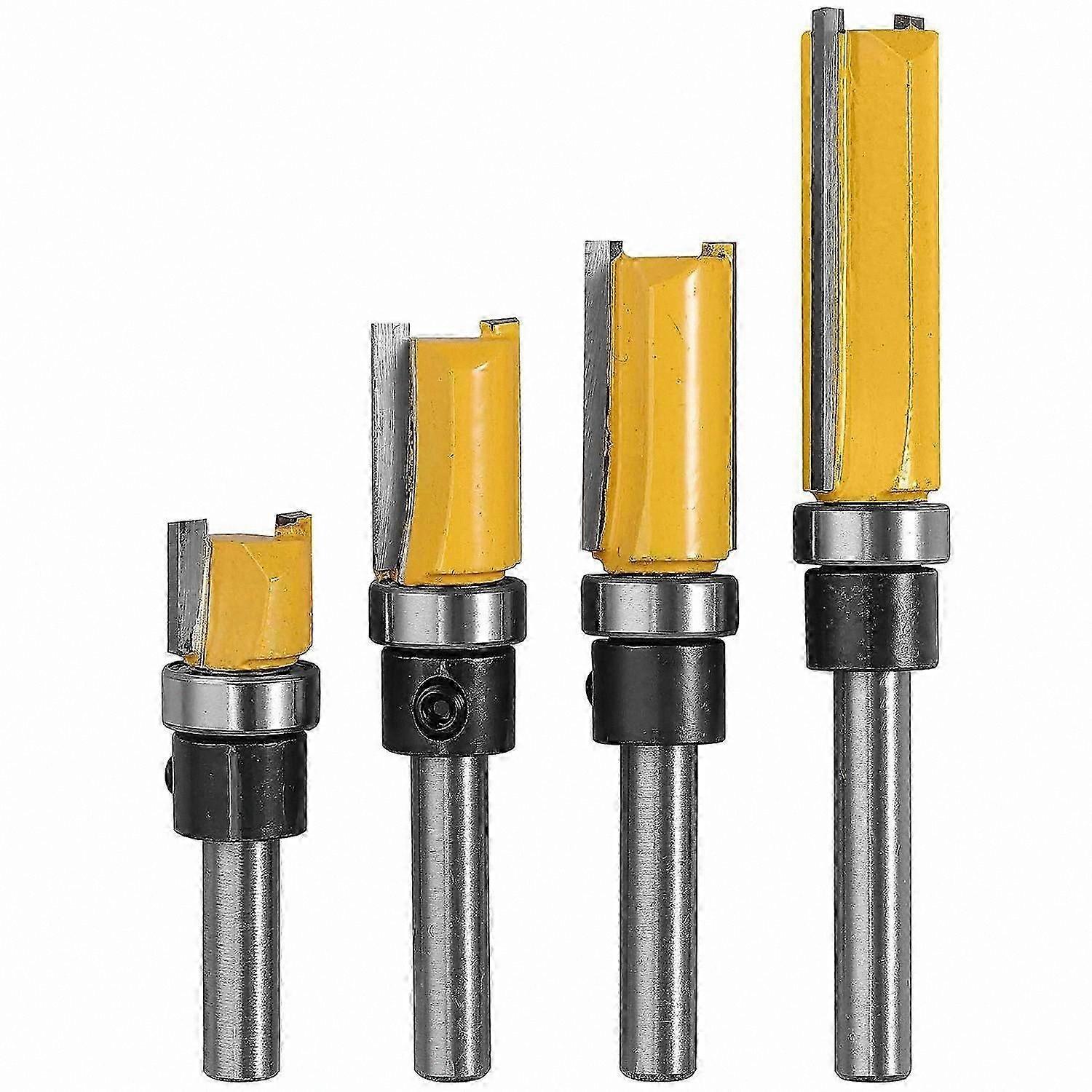 3-Piece Carbide Router Bit Set, 4 Flute Straight Flush Cutter with Top Bearing for Woodworking and DIY Milling Projects