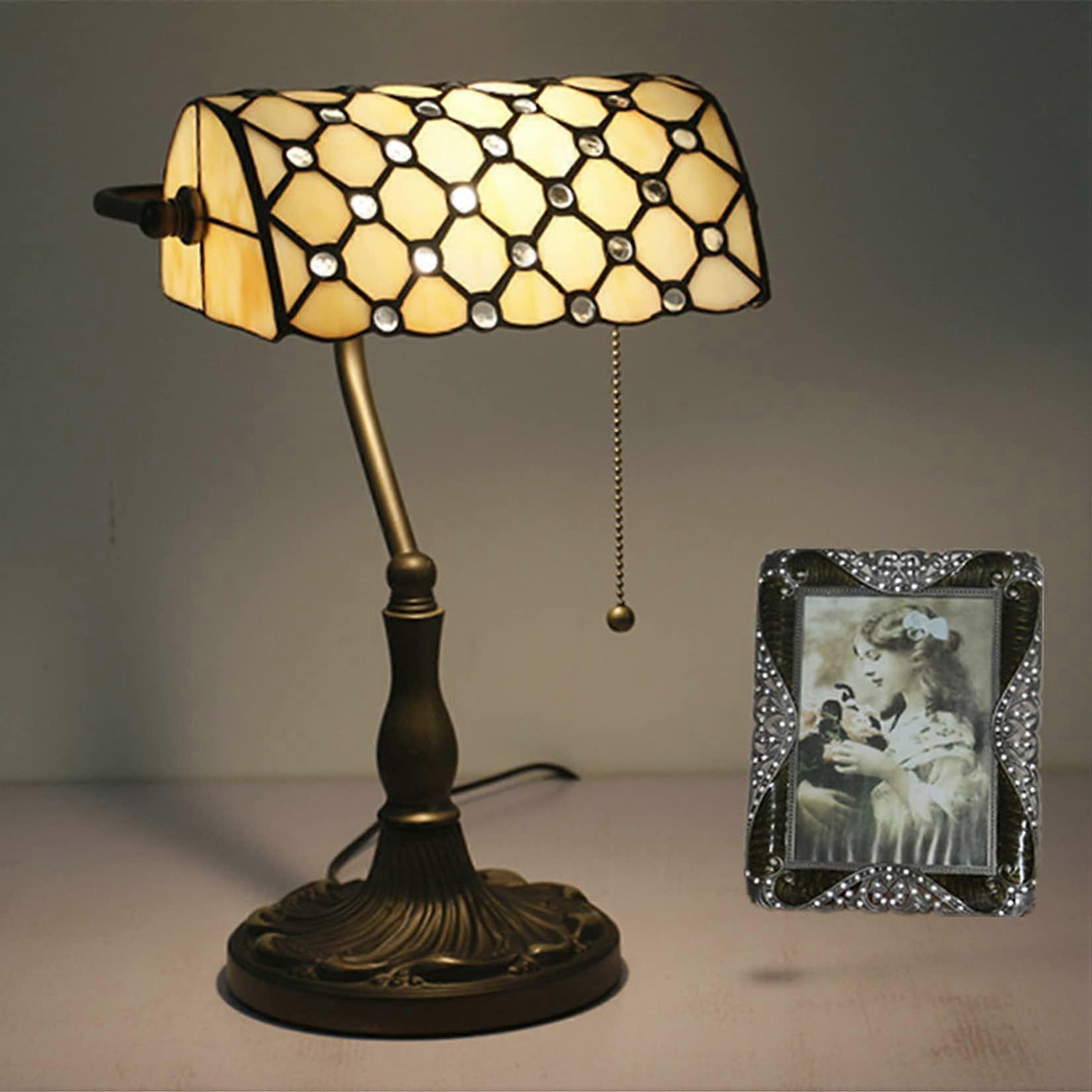 Table Lamp Vintage Style With Colored Glass Shade, Lotus Alloy Base