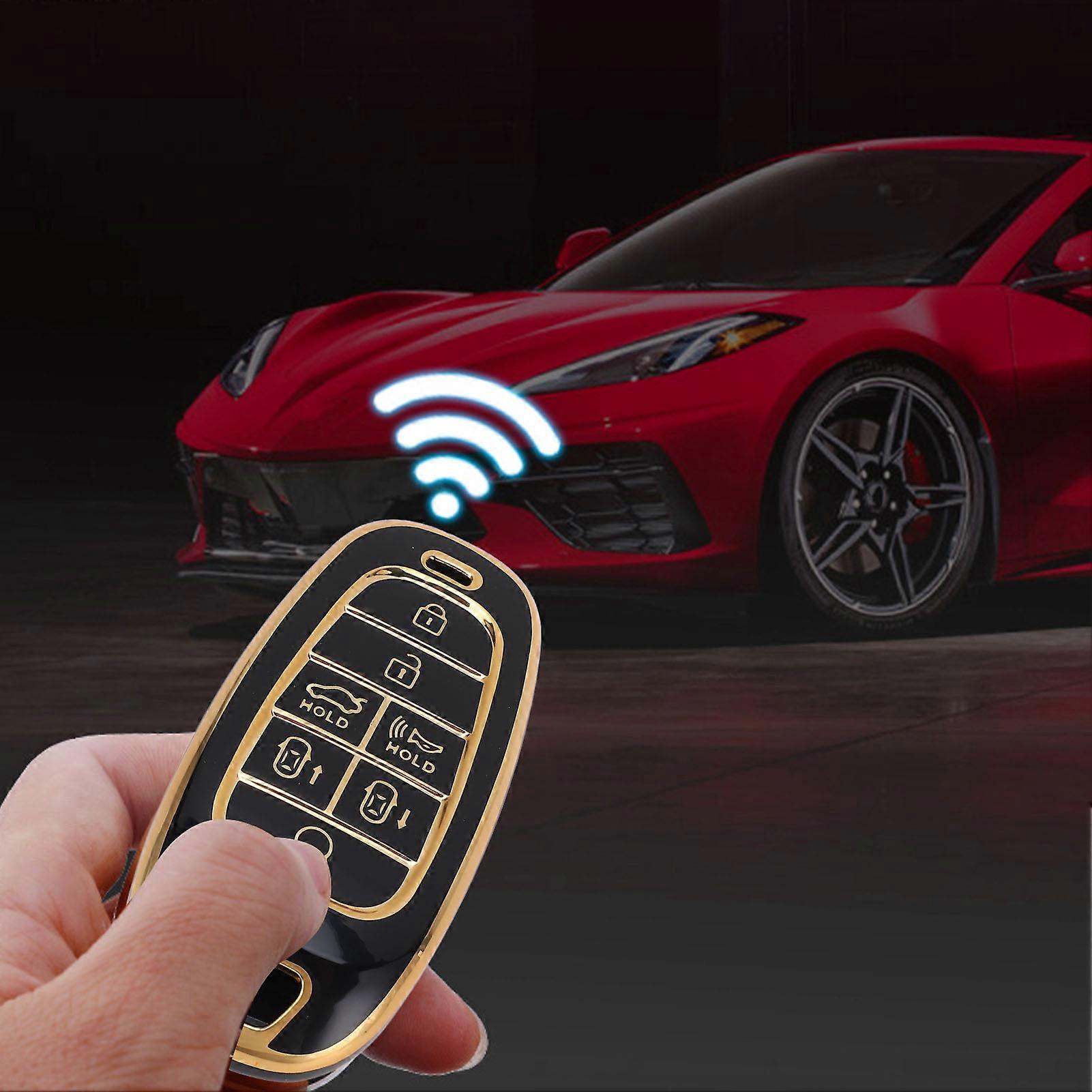 7 Buttons Car Key Fob Cover PU Full Coverage Protective Portable Car Key Cover Protector for Sonata Tucson Santa Cruz 2022 to 2024 Black 