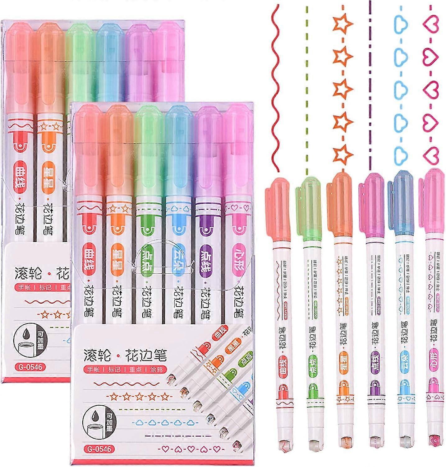 GraceGrip MagicBorder Pen, 6 Colors Curve Highlighter Set (2 Sets), compatible with notebooks for drawing, note taking & border design