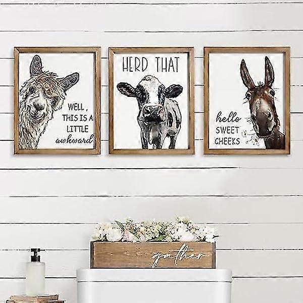סט של 3 אמנות אמבטיה ממוסגרת לאמה, פרה וחמור לאמבטיה עיצוב קיר בית חווה ערכות עיצוב אמבטיה ביתיות וינטאג 'מצחיק אמנות קיר שלט אמבטיה 8 "x10