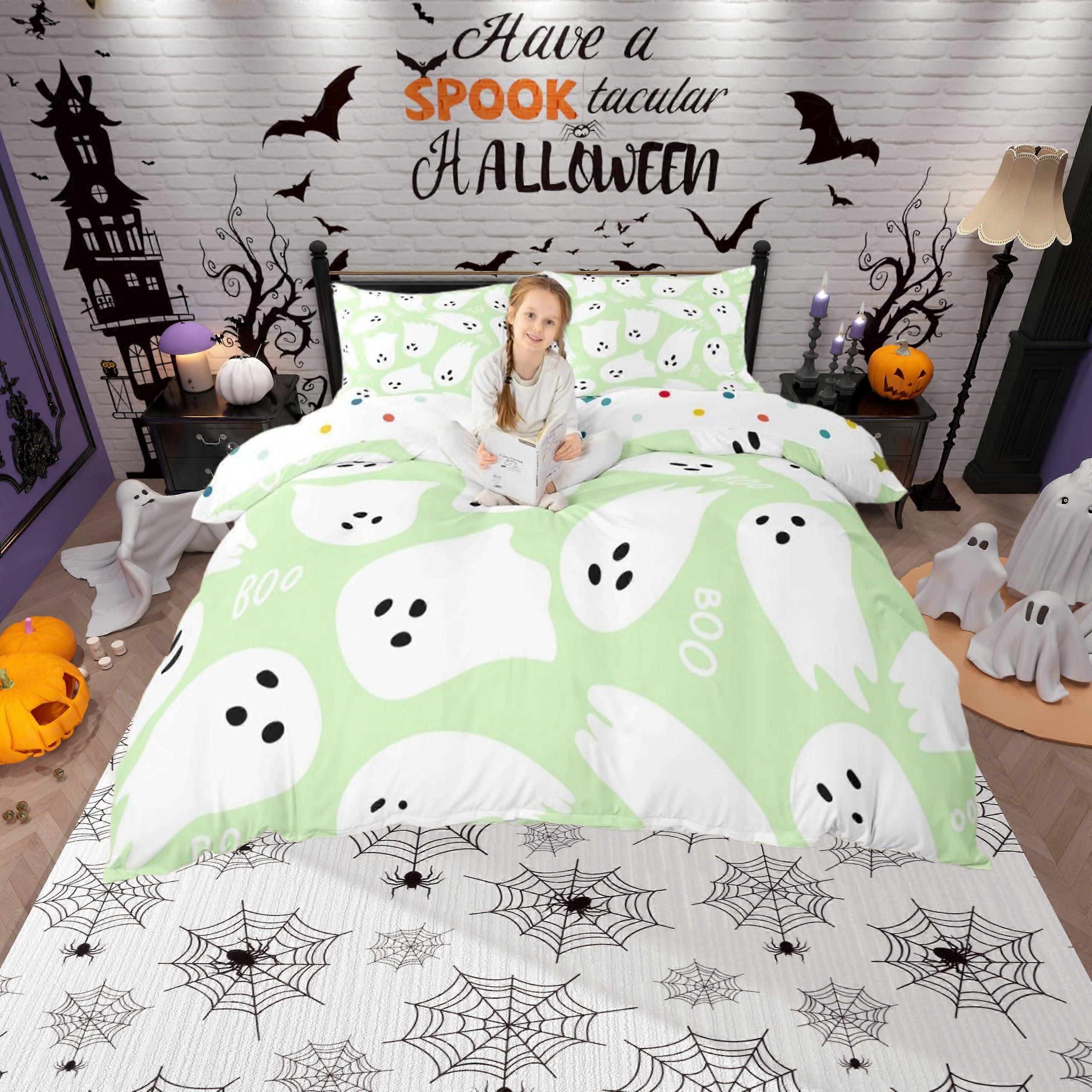 King Size Halloween Duvet Cover Set with Ghost Print, Soft Microfiber, Zipper Closure, Fade Resistant