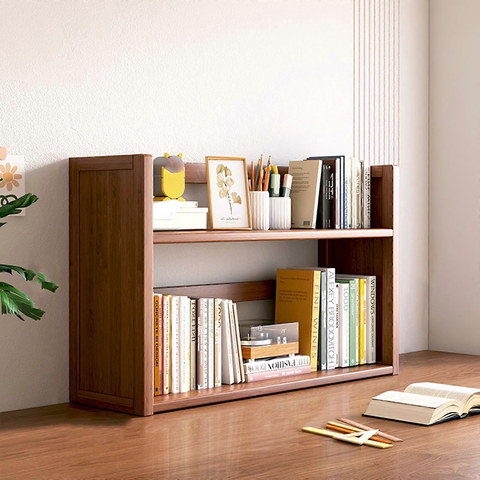 Wooden Desk Hutch with Storage Shelves, Compact Desktop Bookshelf Organizer for Home Office Dorm, Walnut 40cm