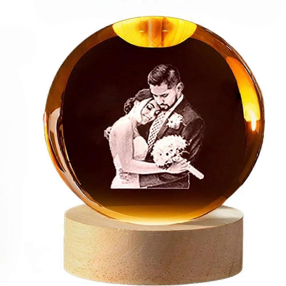 Crystal Ball with Custom Photo Engraving, LED Light and Wooden Base Keepsake 6CM