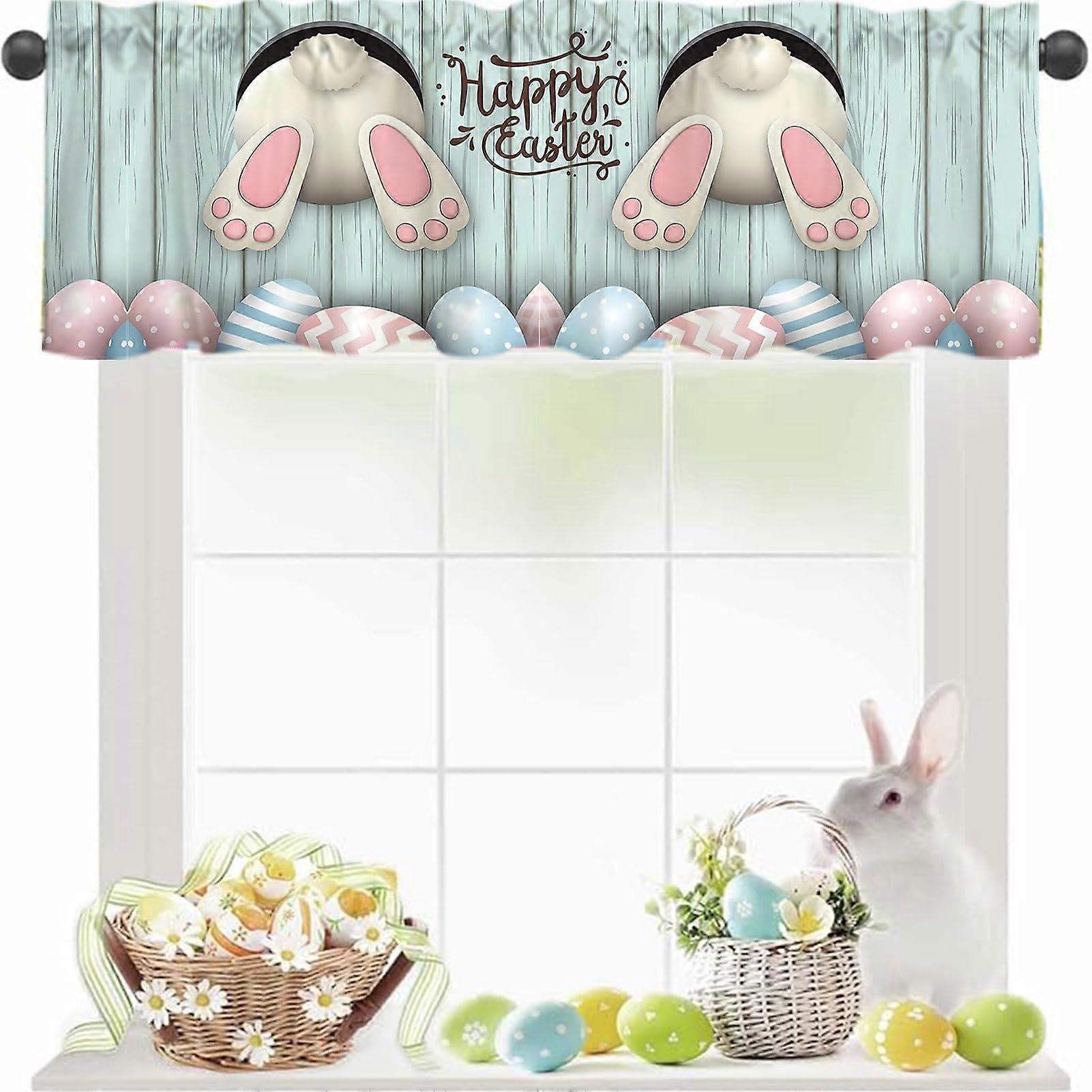 Easter Bunny Window Valance 54x18 Blue Plank Curtain for Kitchen with Vibrant Digital Printing