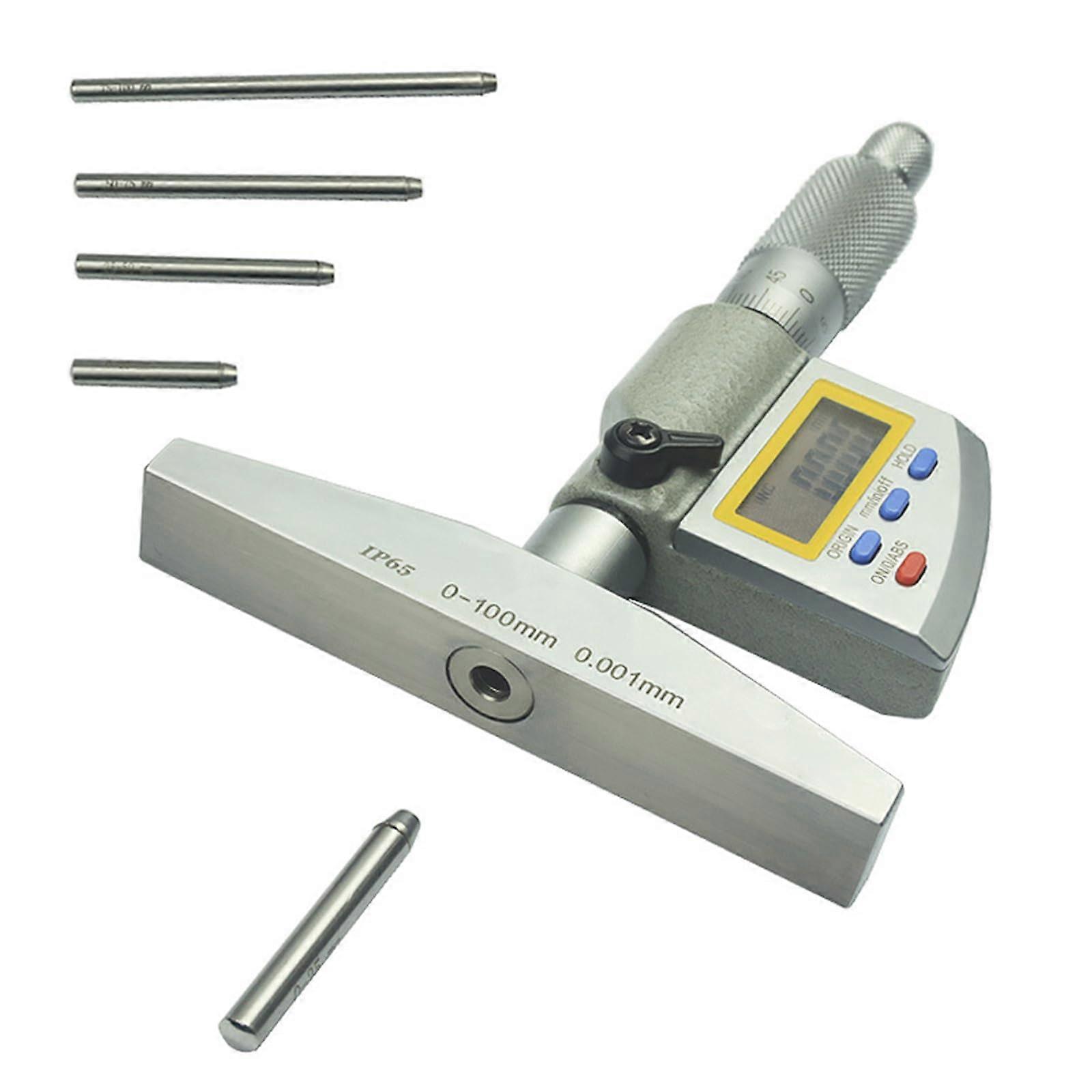 Accuracy Digital Depth Micrometer with LED Display, 4 Interchangeable Rods, Inch/Metric Conversion