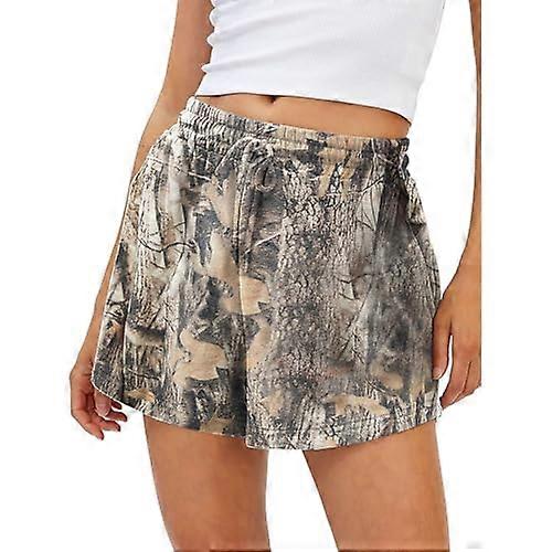 Women's Camo Sweat Shorts with Pockets,  Waisted Drawstring, Maple Leaf Print Brown M