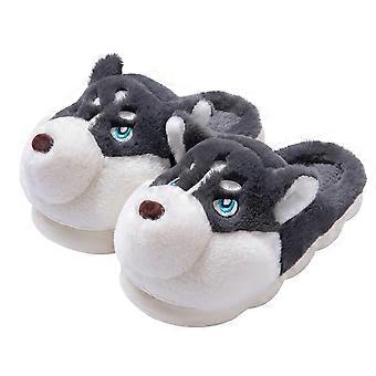 Pantofole in peluche a forma di husky, pantofole in peluche a punta chiusa, antiscivolo, pantofole a forma di animale dei cartoni animati, comode pantofole morbide a forma di cane, carine per interni e camera da letto (grigio 36-37)