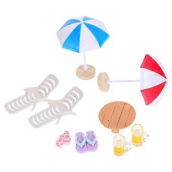 1 Conjunto de Decoração de Casa de Bonecas de Praia Acessórios em Miniatura à Beira da Piscina com Cadeiras de Guarda-chuva Ornamentos de Paisagem Náutica para Jardins de Fadas Exibições de Casa Modelo