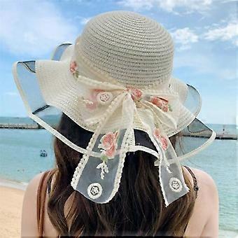 Rosettband Platt Stråhatt För Dam Sommar Vävd Stråhatt Semesterfotografering Ansiktssolskydd Solskydd Elegant Hatt