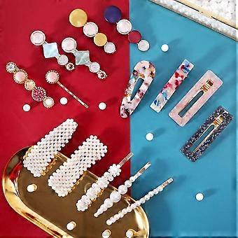 28 PCS Pearls and Acrylic Resin Hair Clips - Handmade Hair Barrettes, Marble Barrettes Pins, Glitter Crystal Geometric Hairpin