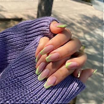24 green edge bare color diagonal French style nail patches, detachable and detachable, beautiful fake nails, paired with 1g nail glue, female sticky 