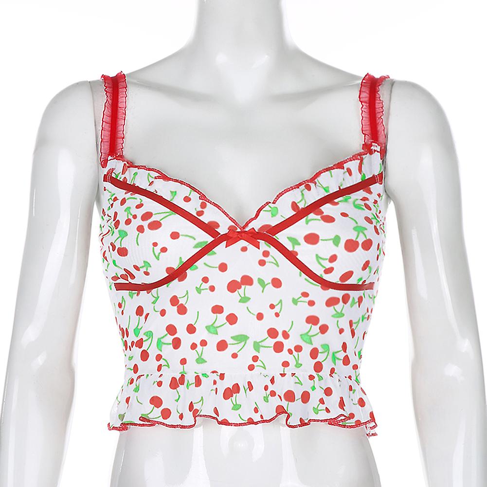 New Arrive Women Summer Cherry Print Ruched Strap Crop Tops Tank