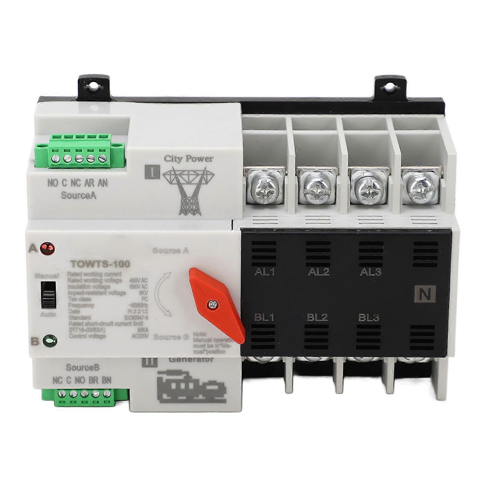 Tongou Double Power Automatic Transfer Switch 4P PC Shell Electrical Selector Switch compatible with Metallurgy 400V AC 100A