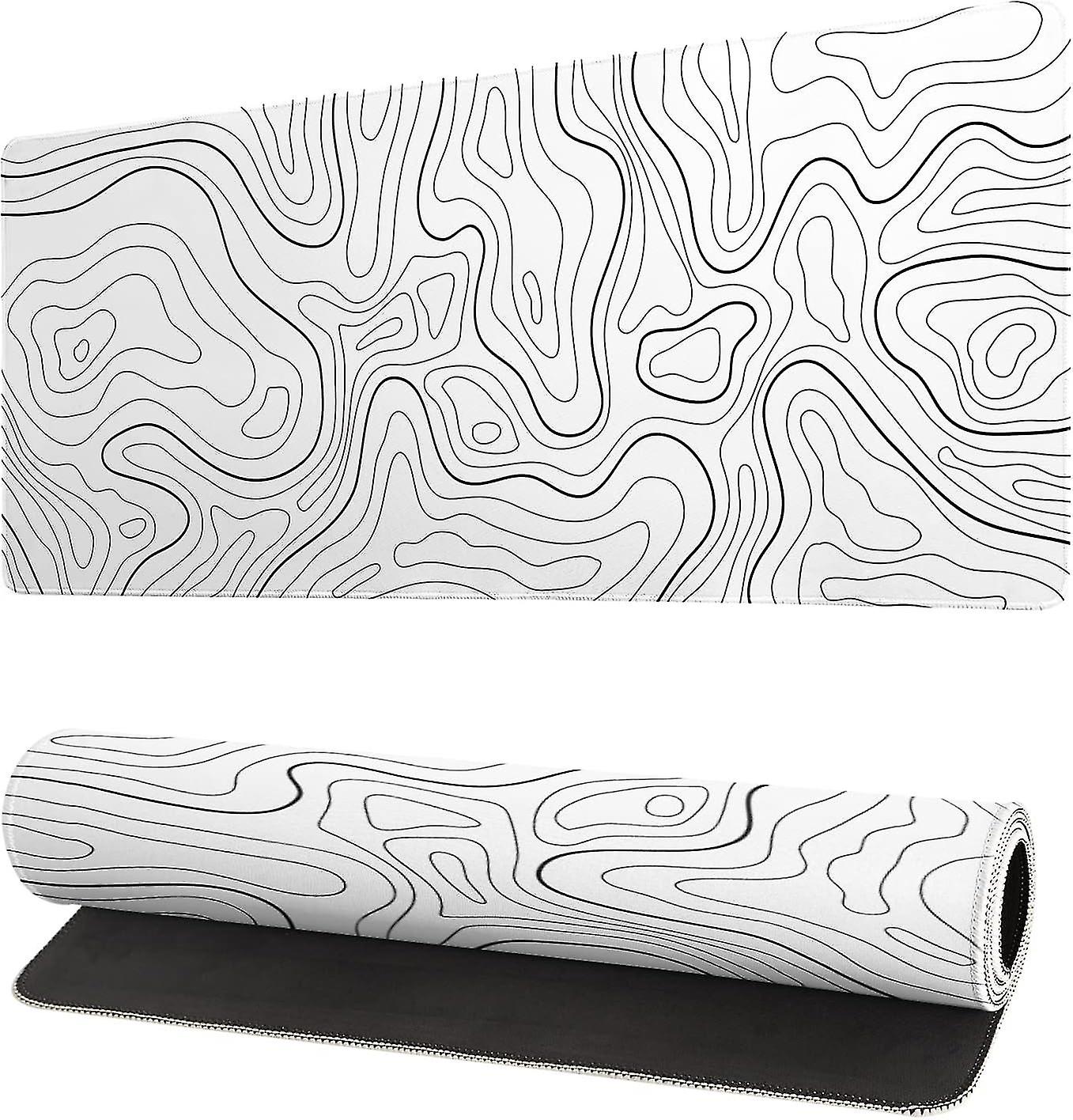 Topographic Contour White Gaming Mouse Pad Xl Geographic Map Lines Extended Big Large Desk Mat Non-slip Rubber Base Stitched Edge,31.5x11.8 Inch