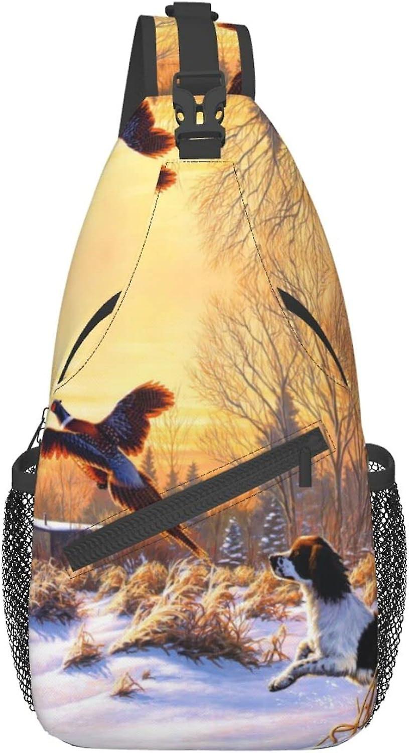 AI00157 Pies Łapiący bażanta Torba Crossbody Lekka torba na ramię Podróże Piesze wycieczki Mały plecak dla kobiet Mężczyźni Prezenty