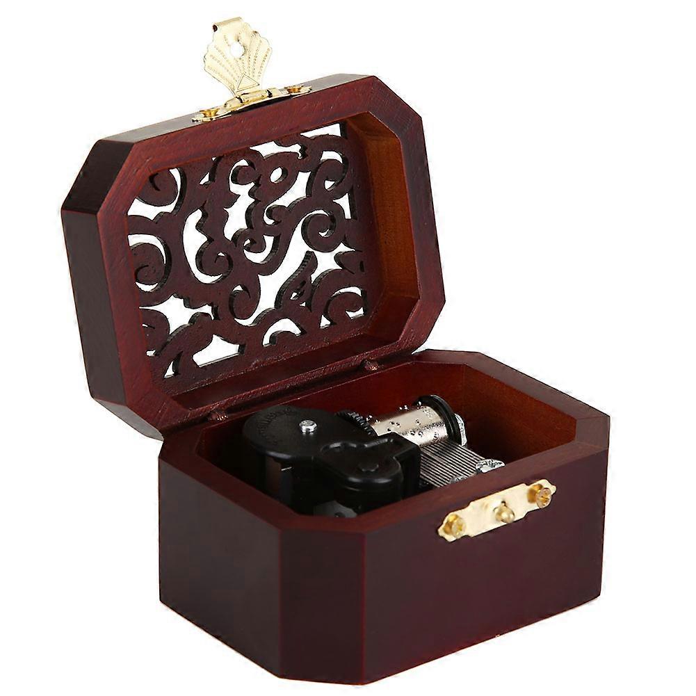Retro Wooden Engraved Clockwork Octagonal Music Box Gift(classical red, silver movement)