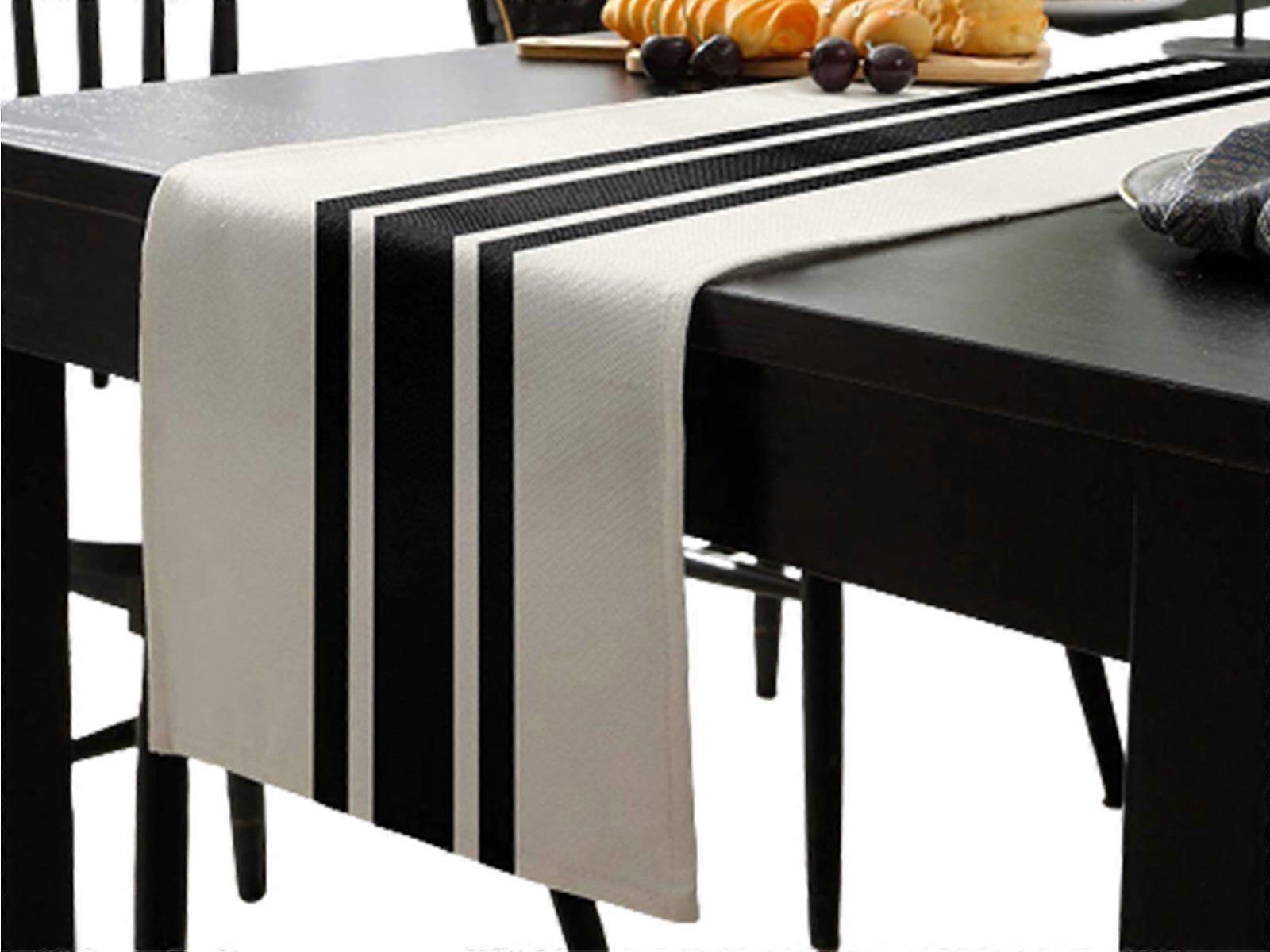 Linen Blended Polyester Table Runner Black Stripes