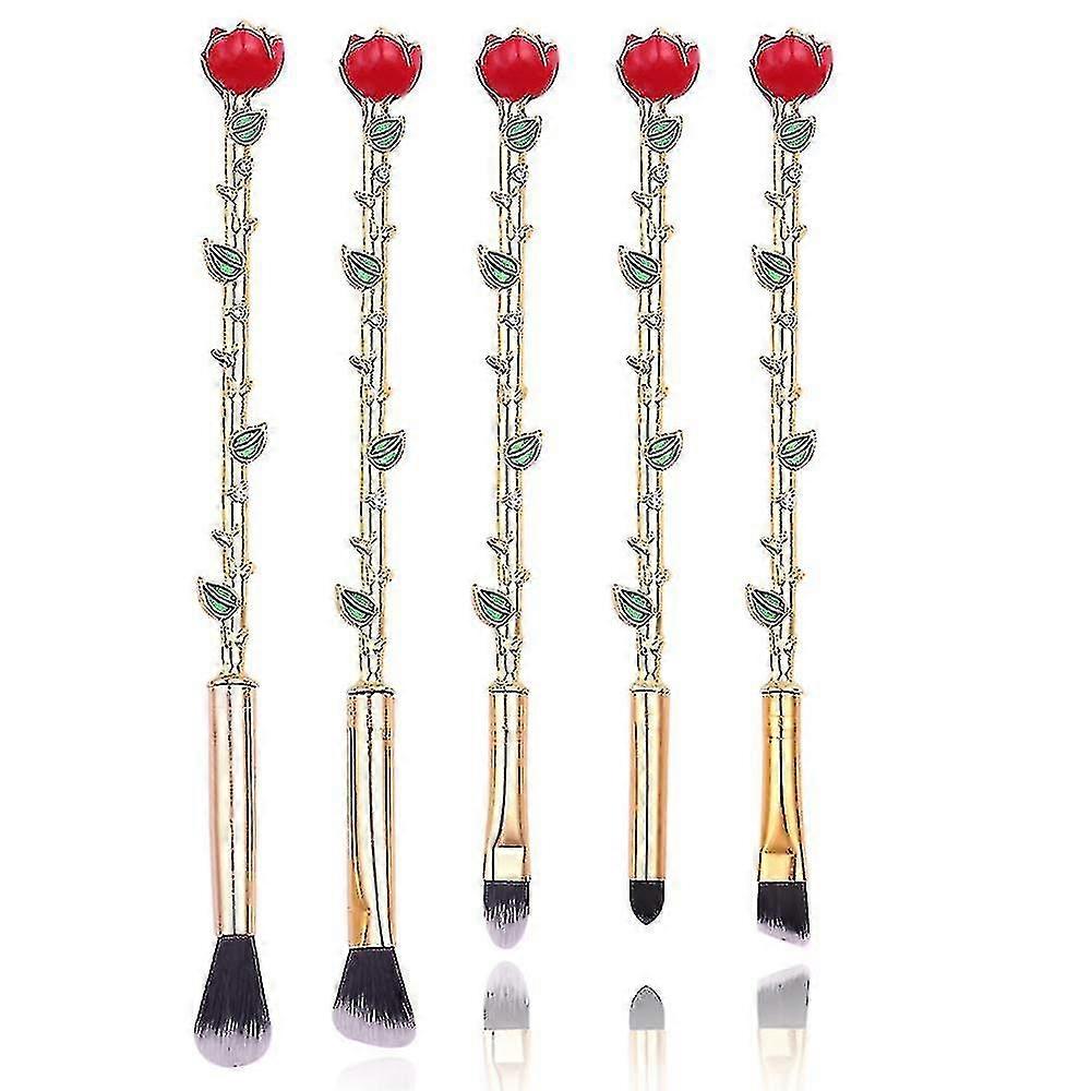 Rose Eye Makeup Brush Set - 5pcs Wand Makeup Brushes With Soft Synthetic Fiber And Metallic Handle For Eyebrow, Eyeshadow, Foundation, Blending And Li