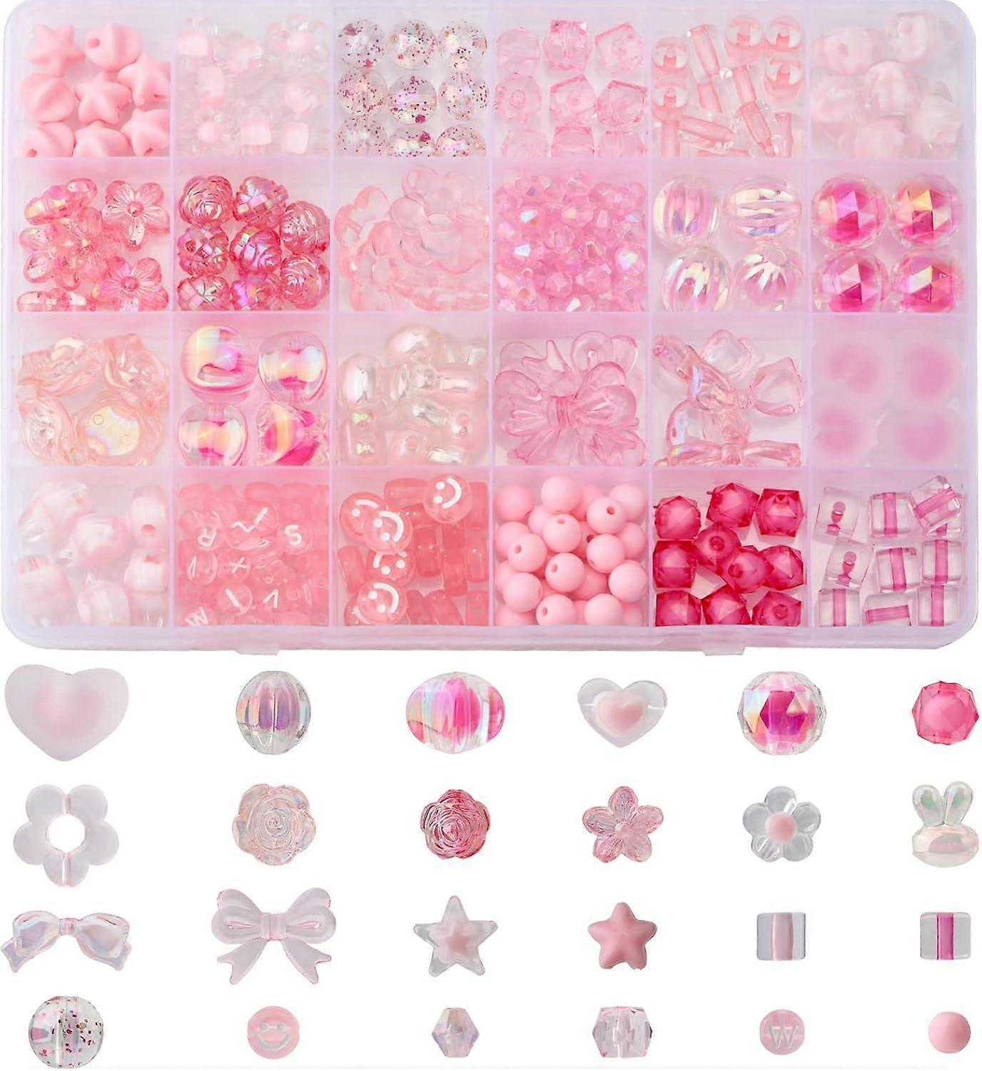 279Pcs 24Style Pink Acrylic Beads Assorted Beads Transparent Mixed Shape Cute Adorable Heart Flower Letters Smile Beads Bulk Set for Jwelry Making Bra
