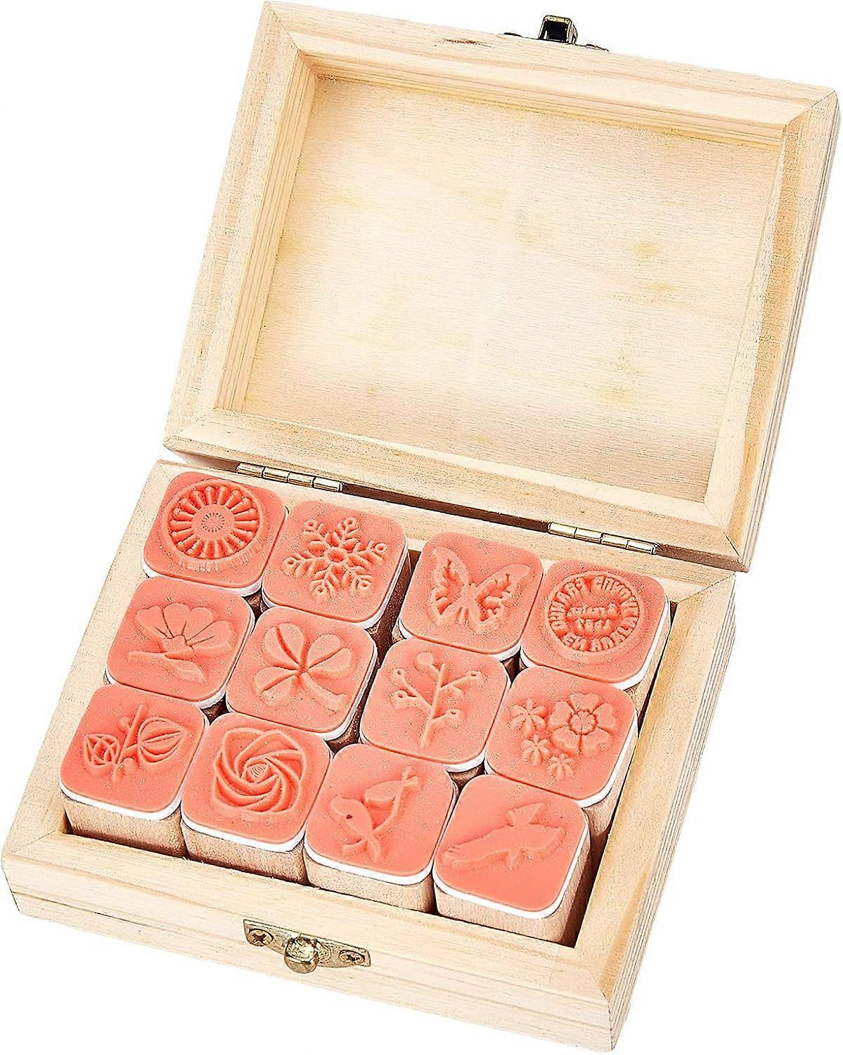 12PCS Vintage Wooden Rubber Stamp Set Plant & Animal Series Decorative Mounted Rubber Stamps for Card Making Crafting Letters Diary Scrapbooking DIY