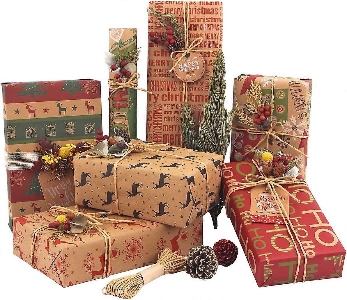 SBSG Christmas Wrapping Paper, Made from Recycled Kraft Paper, 12 Folded Sheets 70x50cm with 6 Vintage Designs (Bonus 10m Jute String and 10 Tags)