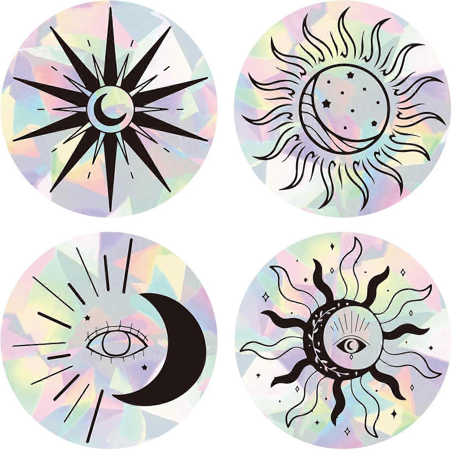 4Pcs Laser Window Sticker Adhesive Static Stickers Sun Pattern Electrostatic Window Stickers Double Sided Window Stickers Static Clings Window Decorat