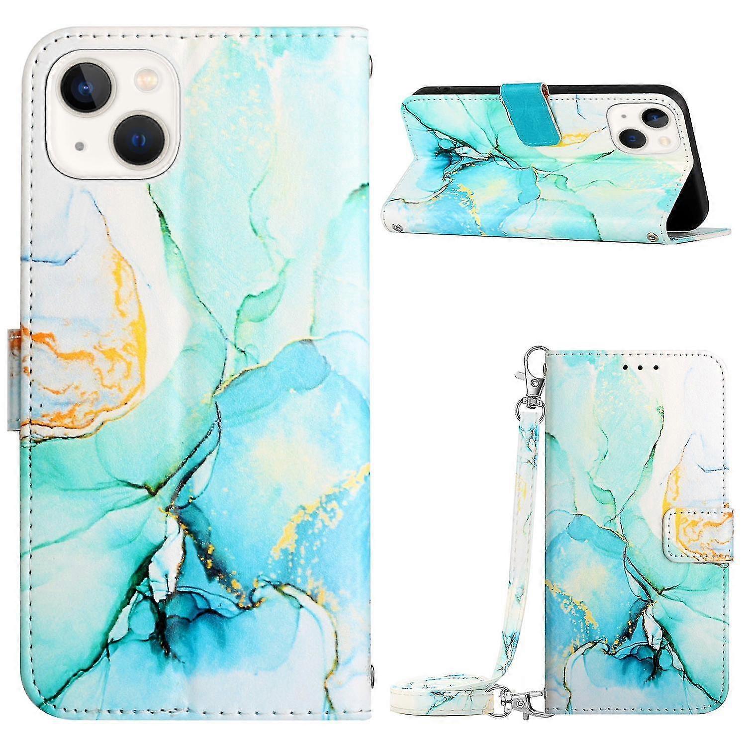 For iPhone 15 Marble Pattern Phone Cover Stand Wallet Phone Case LS005