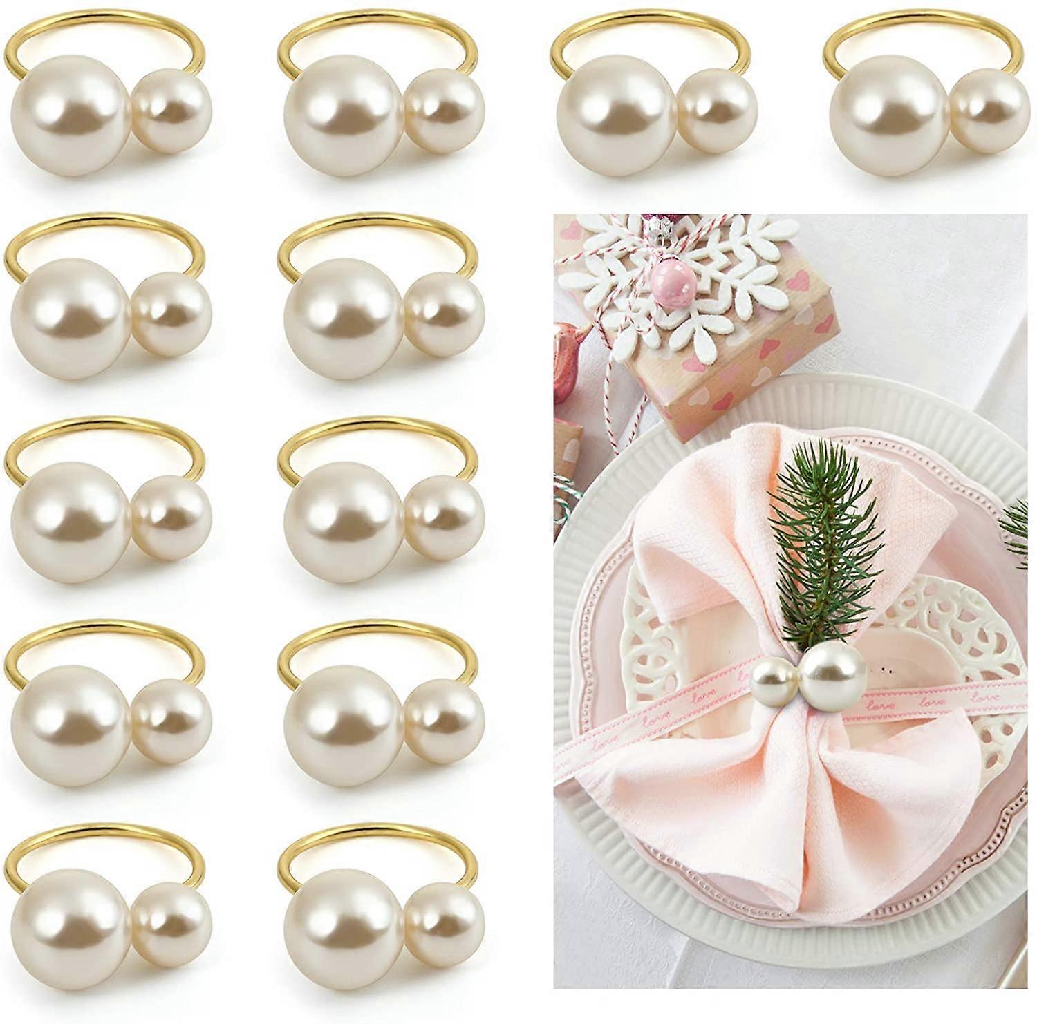Set of 12 pearl napkin rings, gold napkin ring holders for formal or casual dining table decor