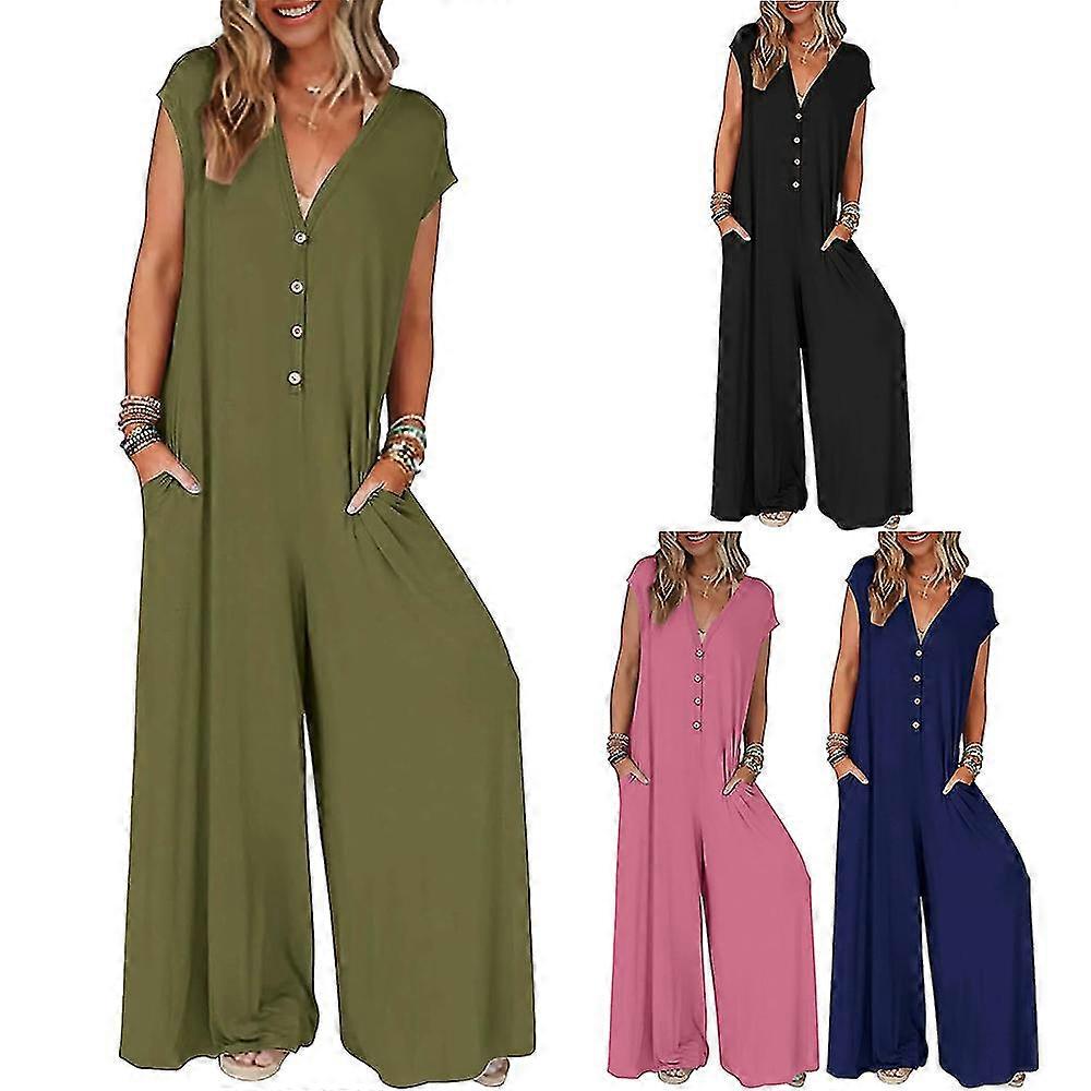 Women's 2024 Summer Cap Sleeve Jumpsuits Deep V Neck Button Onesie Wide Leg Pants Rompers