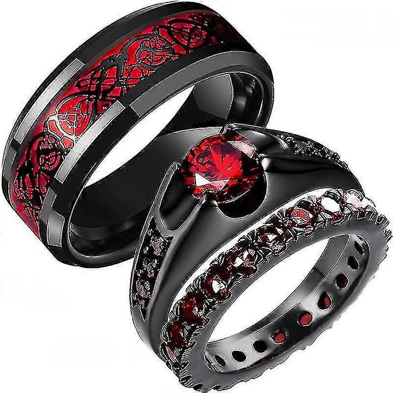 Moda Siyah Tungsten Düğün Kelt Ejderha Yüzük Yeşil / kırmızı Zirkonya Punk Erkek Paslanmaz Çelik Karbon Fiber Çift Yüzük ile
