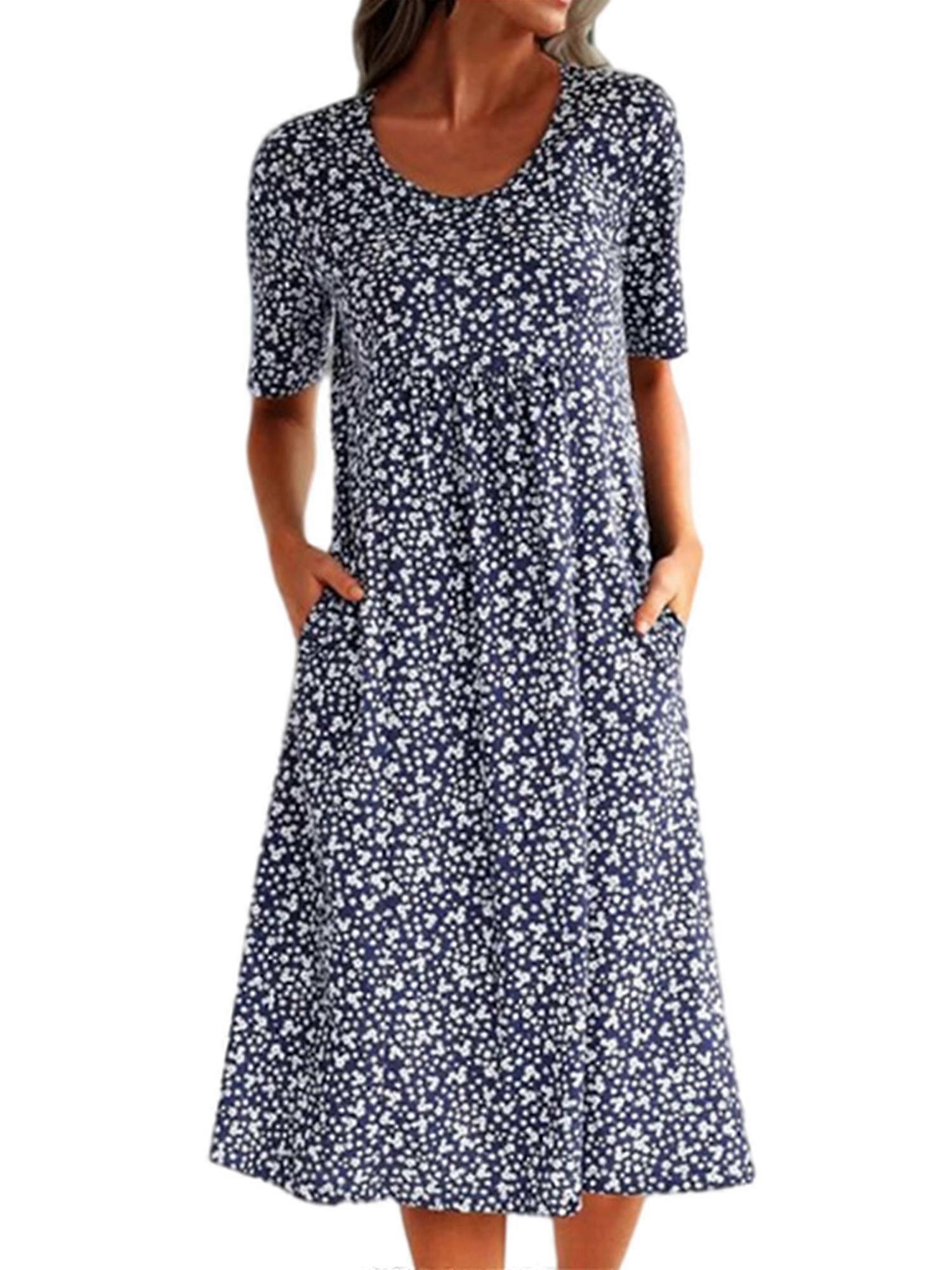 Bayan Çiçekli Gevşek Kısa Kollu Midi Elbise Cepli