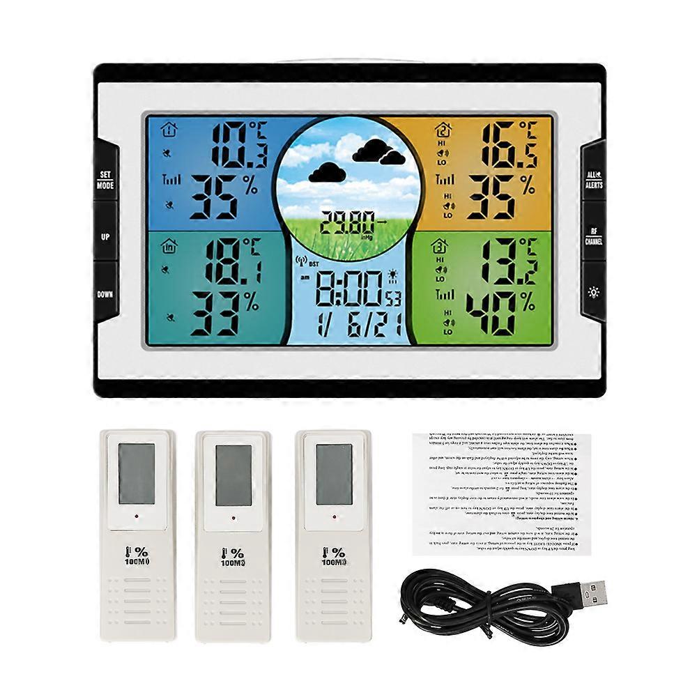 RF 4 Channels Digital Clock Temperature & Humidity Indicator with Warning Alarm Meteorological Station Weather Forecast Clock