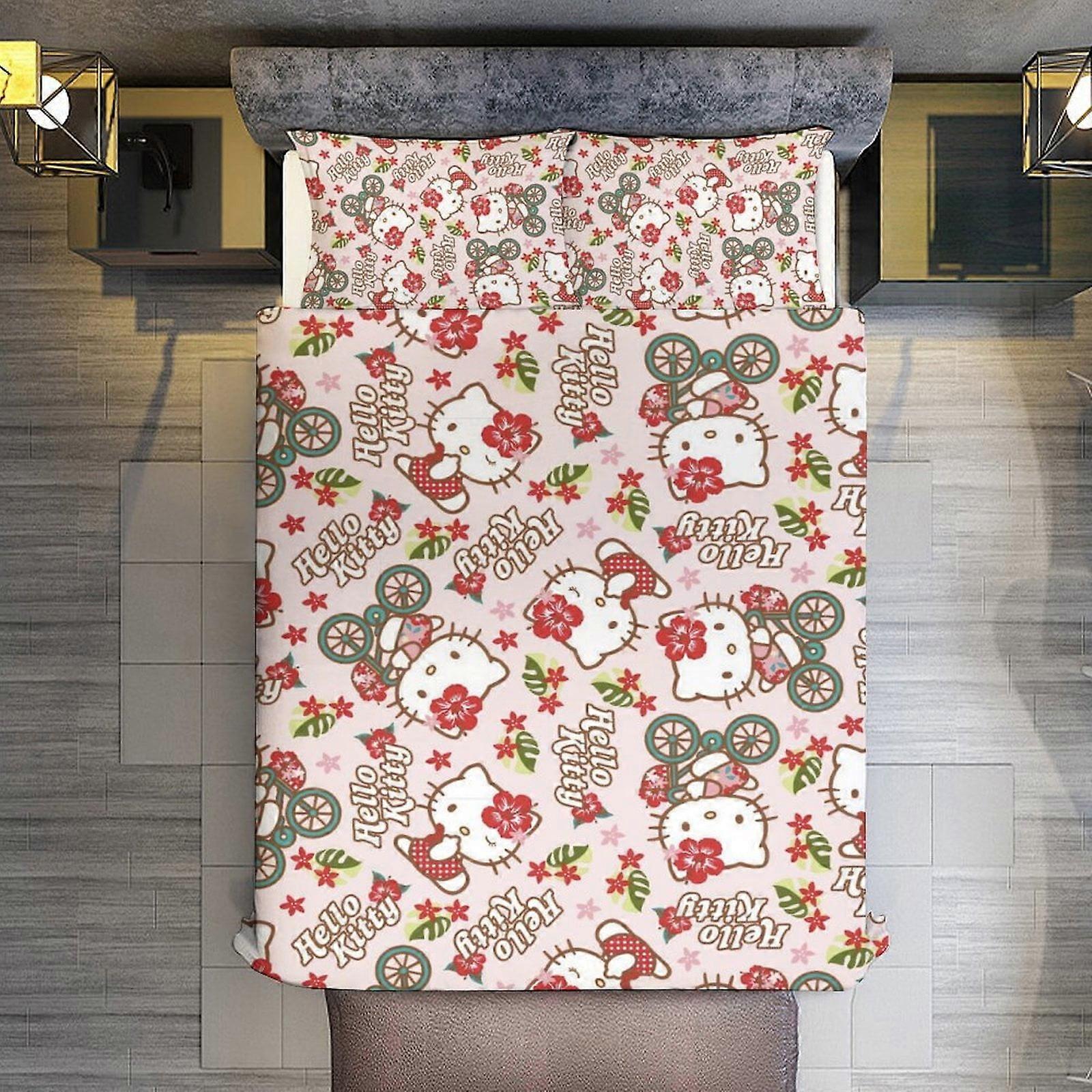 Bedding set WY45 Hello Kitty Riding A Bicycle 3 Pieces Duvet Cover Set Full Size Super Soft Fade Resistant Microfiber 1 Cover with Zipper and 2 Pillow