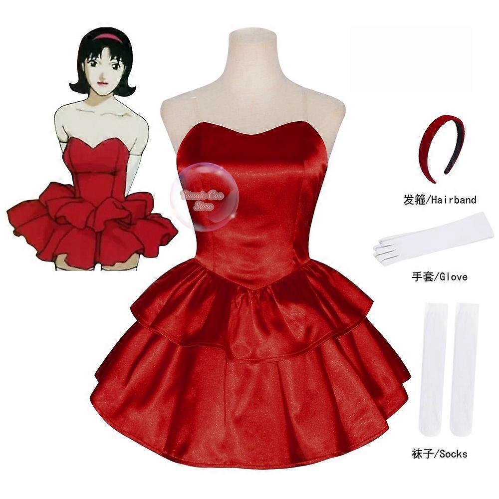 Mükemmel Mavi Mima Cosplay Kostüm Kırmızı Straplez Tüp Elbise Kafa Bandı ile Uyluk-Yüksek Çorap ve Eldiven