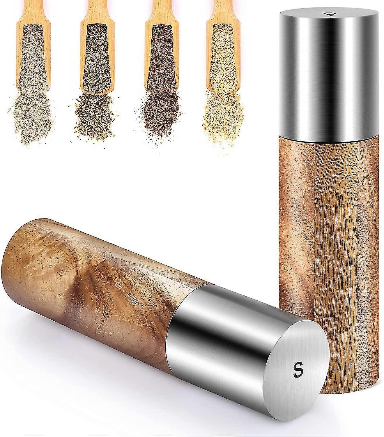 Salt And Pepper Grinders Set Wooden - Kitchen Spice Mill With Adjustable