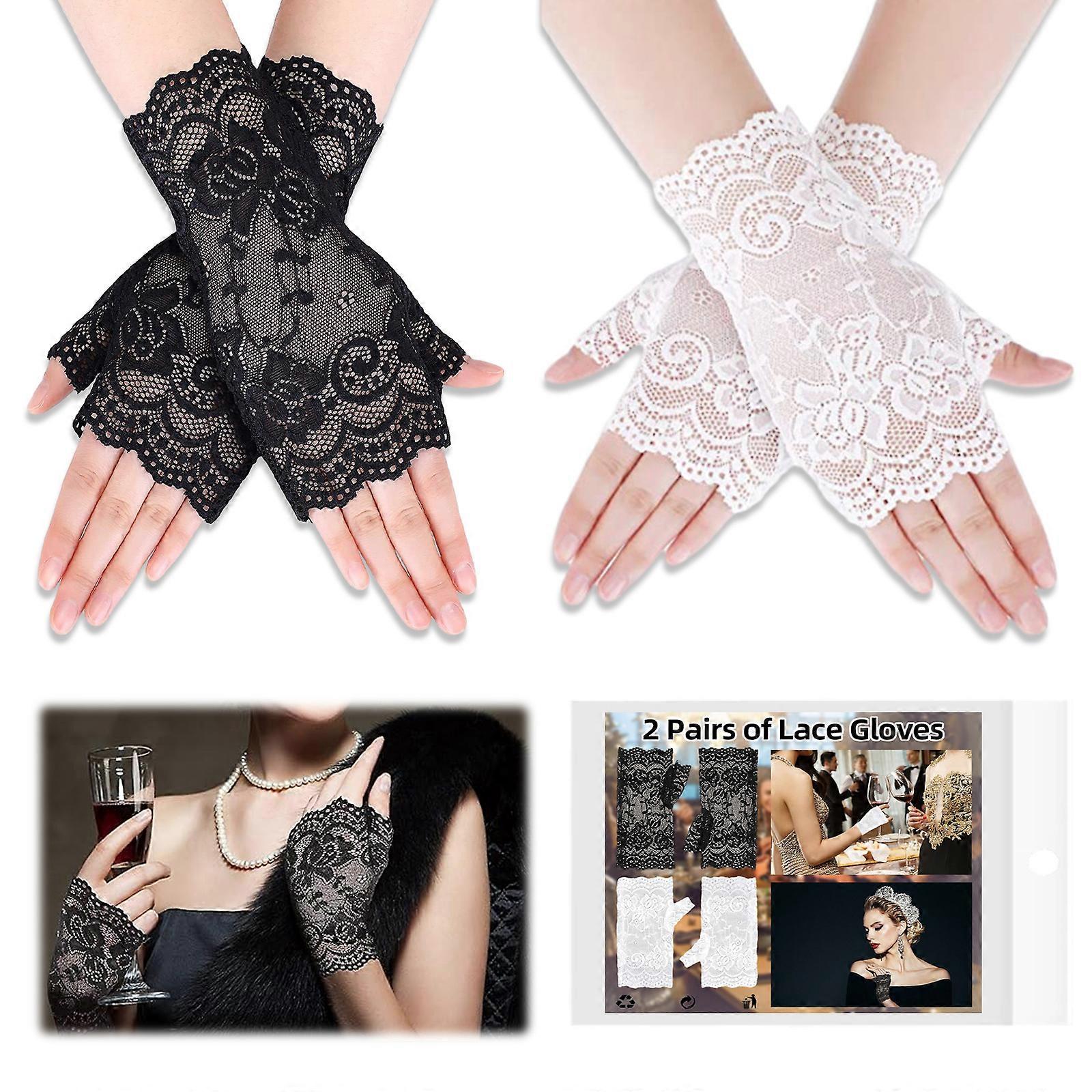 2 Pair Lace Gloves - Black+White