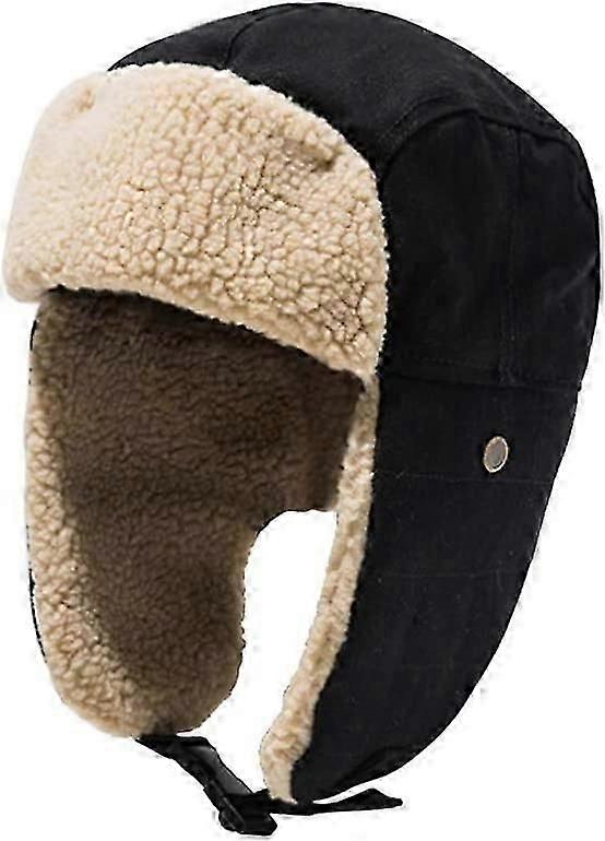 Winter retro ear cotton warmer pilot fluffy hat (black)