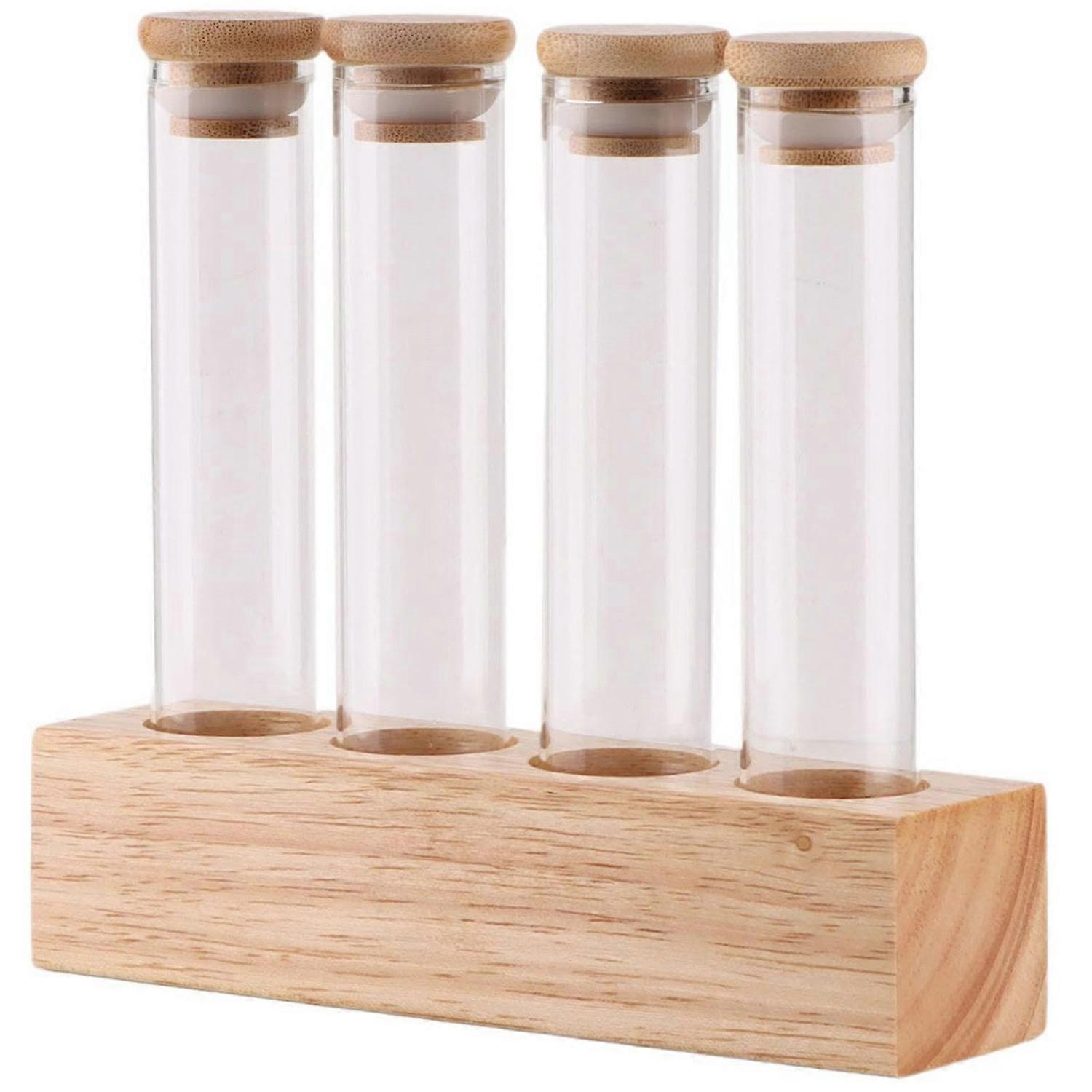 Wooden Base Coffee Bean Display Stand with 4 Clear Glass Tubes for Cafe Bar Counter Storage