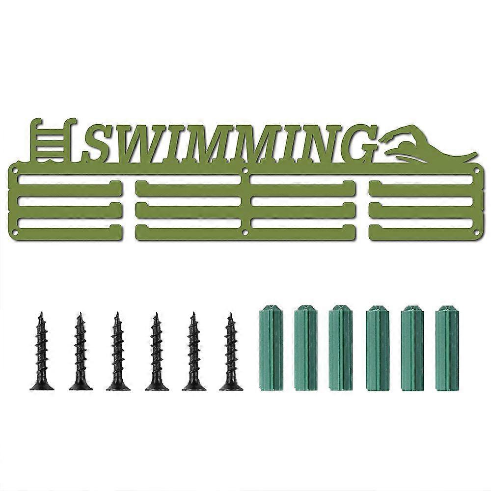 Iron Medal Holder Frame Medals Display Hanger Rack with Screws Rectangle with Word Swimming Olive Drab 103x400mm